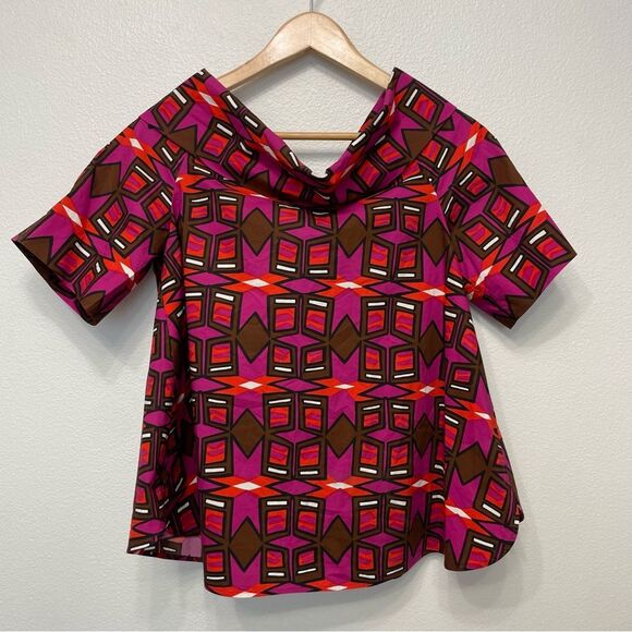 ASPESI Printed Cotton Geometric Off The Shoulder Blouse Red Pink Size 40 = US 4 - Picture 3 of 12